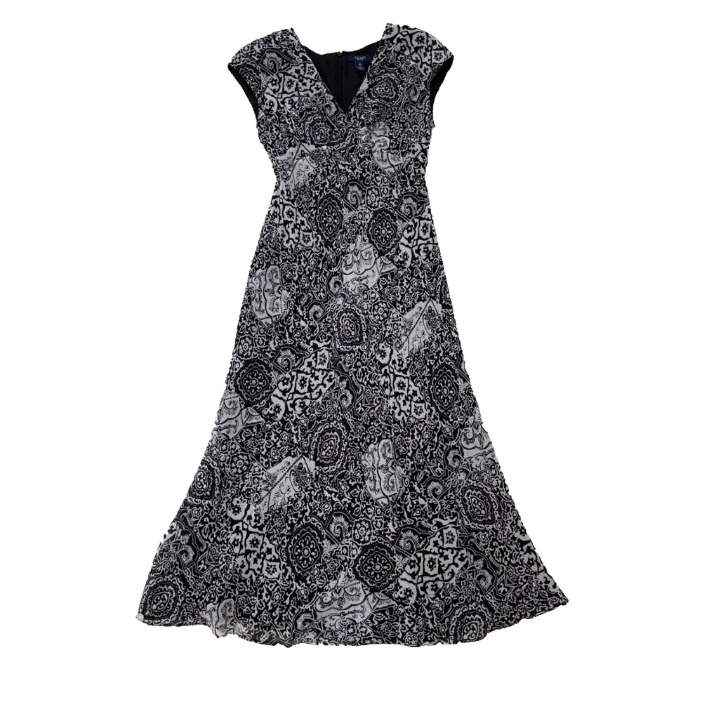 Chaps Black and White Hibiscus Hill Print Crepe Maxi Dress Size 4